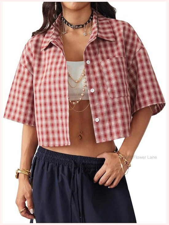 Tops - Vintage Plaid Button Down Crop Blouse Short Sleeve Preppy Top
